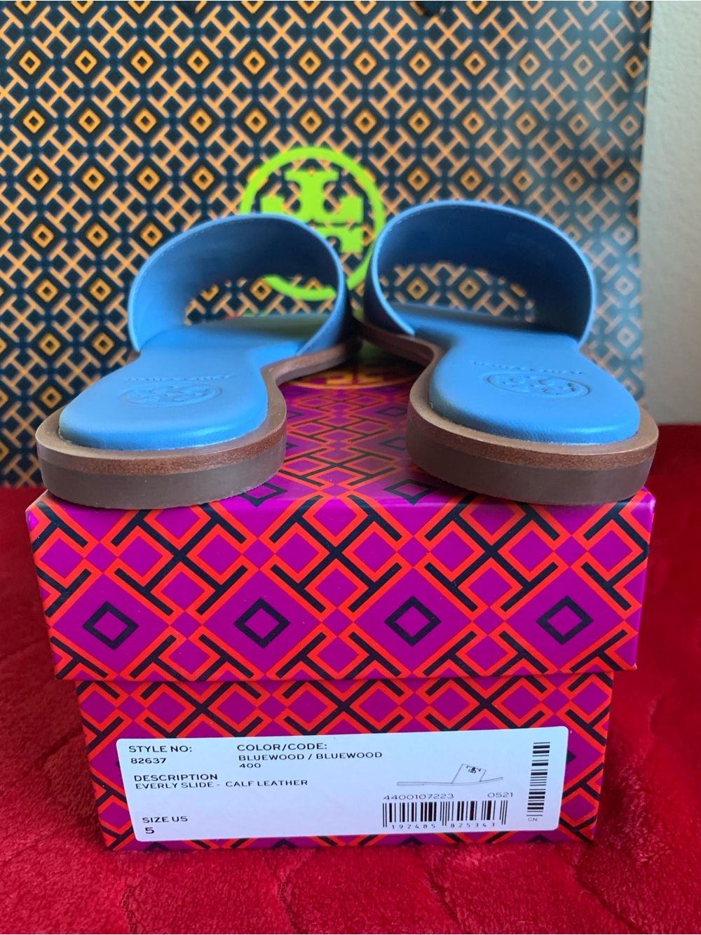 Tory Burch Blue Slide Sandals with Gold Logo - Picture 5 of 6